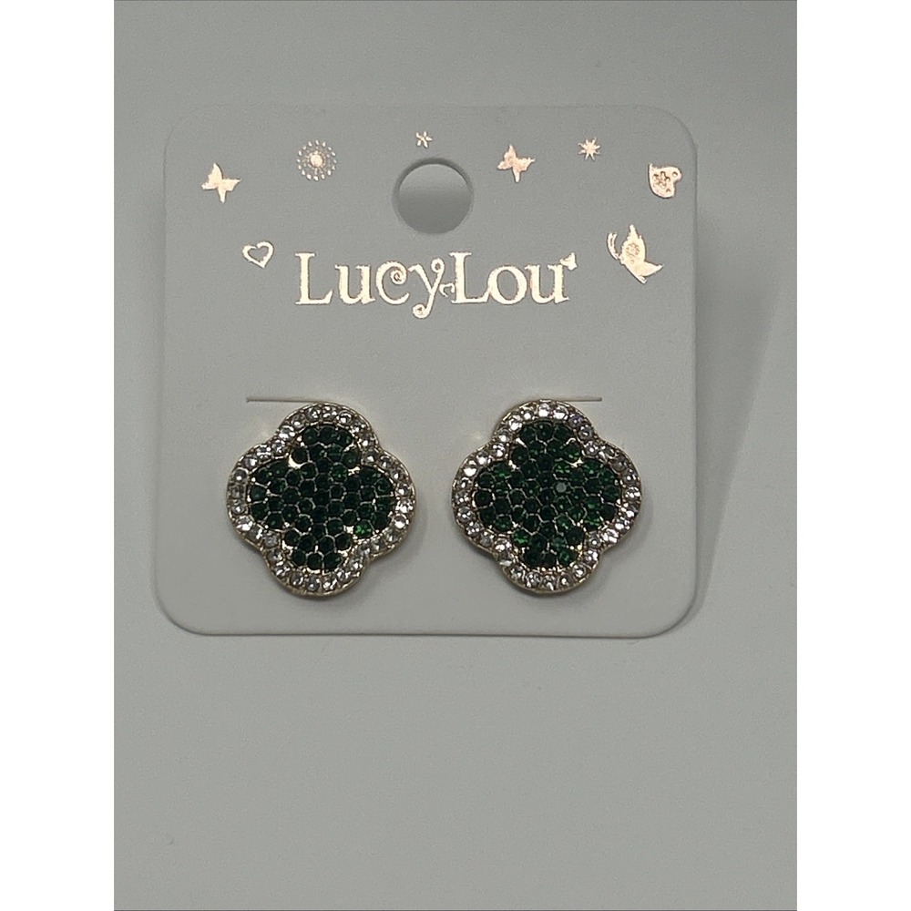 NWT Lucy Lou Green & Clear Rhinestone Four Leaf Clover Earrings
